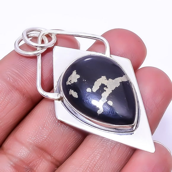 Healer'S Gold Pyrite In Magnetite - Usa 925 Sterling Silver Pendant 2.11" P48, Gemstone Jewelry, Birthday Gift, Christmas Gift