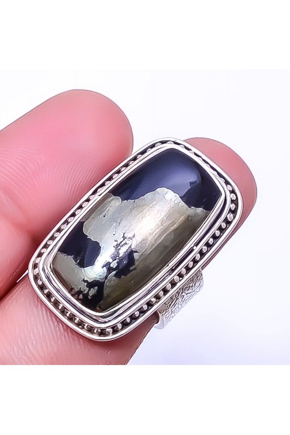 Healer'S Gold Pyrite In Magnetite - Usa 925 Sterling Silver Ring S.7 R20, Gemstone Silver Jewelry, New Year Sale, Valentin's Day Gift