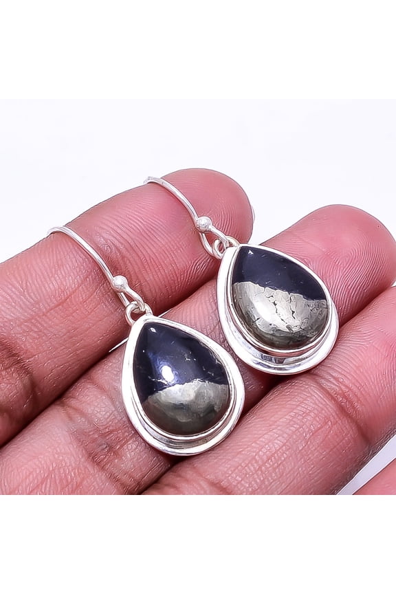 Healer'S Gold Pyrite In Magnetite -Usa Designer Handmade 925 Sterling Silver Earring 1.33", Black Pyrite In Magnetite Earring E_9182_367_46