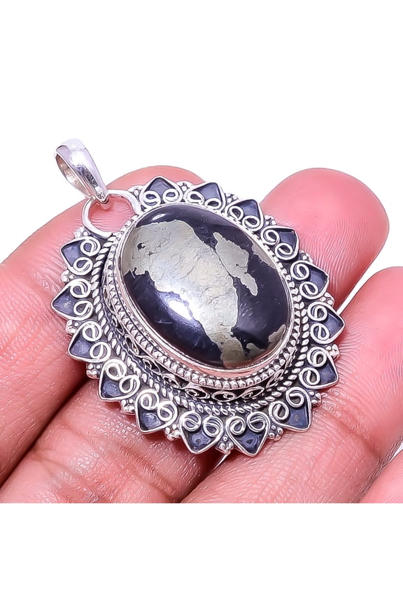 Healer'S Gold Pyrite In Magnetite - Usa Fine Art 925 Sterling Silver Pendant 1.76" P2, Beautiful Jewelry For Woman &, New Year Sale, Valentin's Day Gi