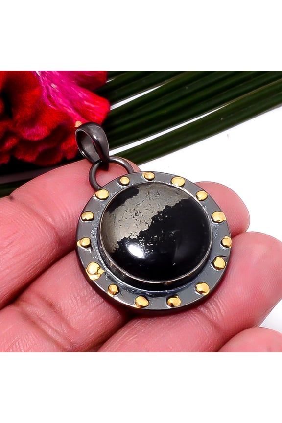 Healer'S Gold Pyrite In Magnetite Black And Gold Plated Designer 925 Sterling Silver Pendant 1.64" Sku9, Black & Gold Pendant, Natural Gemstone Pendan