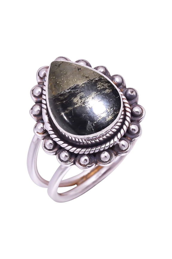 Healer'S Gold Pyrite In Magnetite Gemstone 925 Sterling Silver Ring V9472, Statement Ring, Black Ring, Pear Ring, Gift For Her, Pyrite In Magnetite Ri