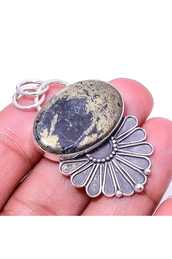 Healer'S Gold Pyrite In Magnetite - Usa Oxidised 925 Sterling Silver Pendant 1.72" P25, Beautiful Jewelry For Woman, New Year Sale, Valentin's Day Gif