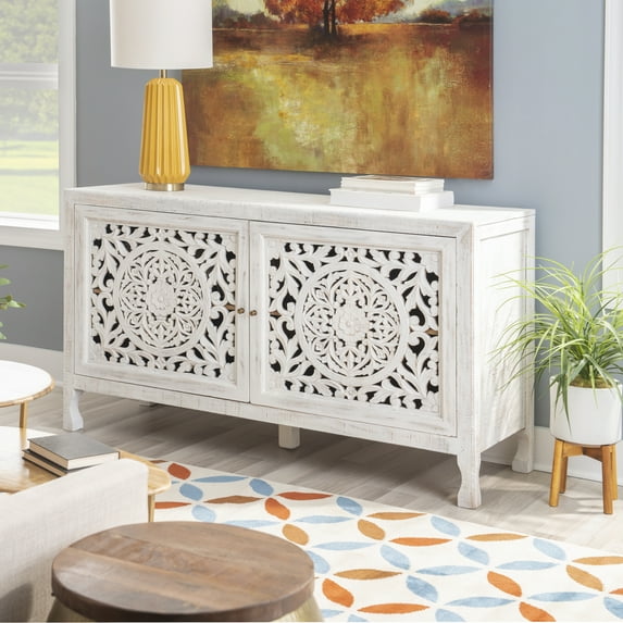 Powell Healey 2-Door Accent Cabinet, Whitewash, Mango Wood, 60 L x 20 D x 34 H