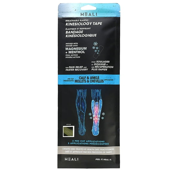 Heali Medical Corp Breathable Elastic Kinesiology Tape, Calf & Ankle, 3 Pre-Cut Applications