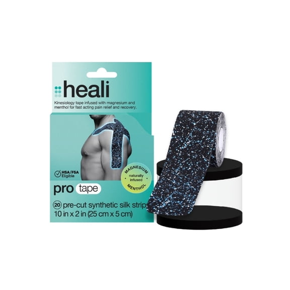 Heali PRO Kinesiology Tape, 20 Pre-Cut Strips, Synthetic Silk, Menthol, Blue, Pack of 1
