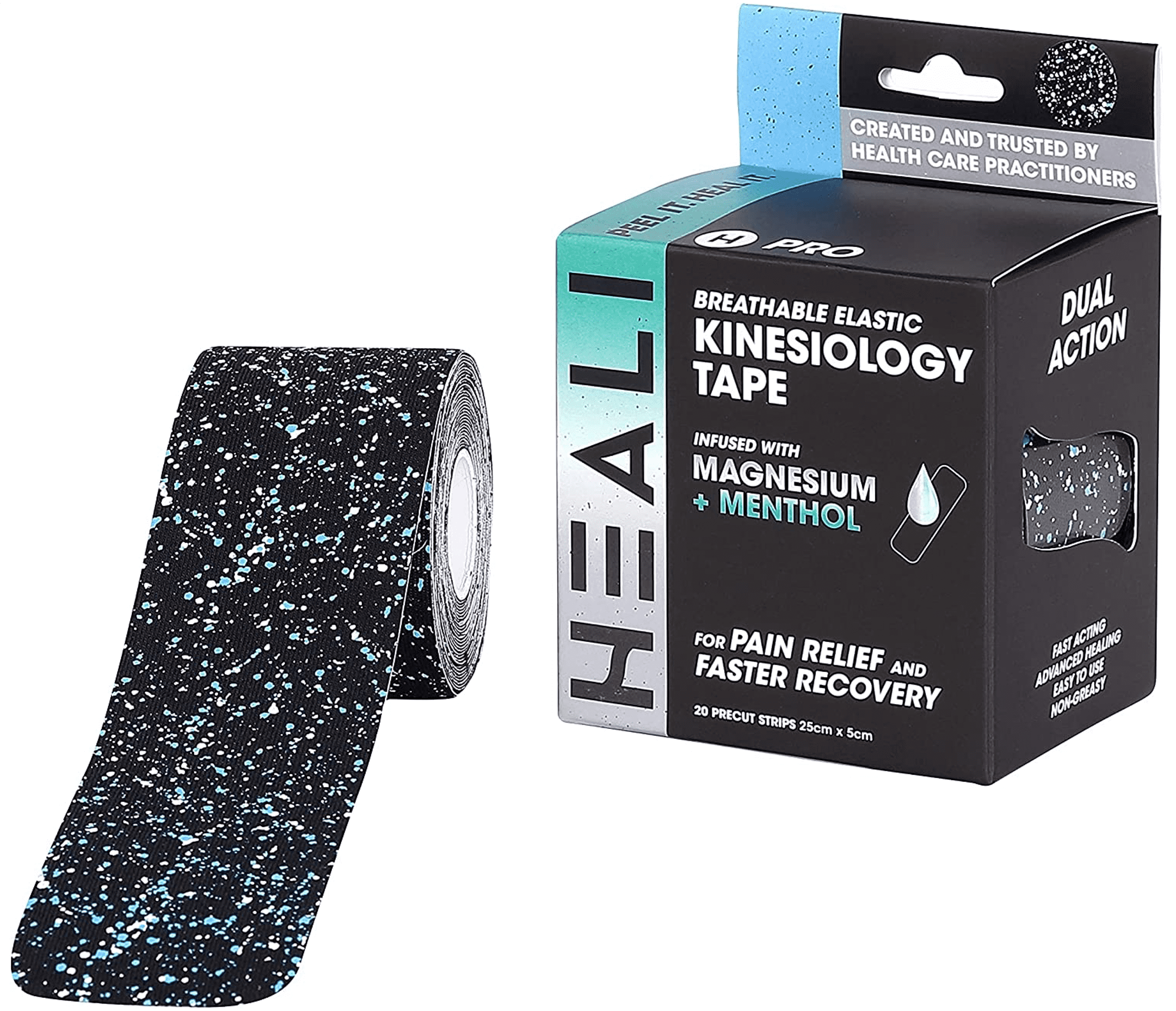 Heali Precut Kinesiology Tape Infused with Magnesium & Menthol - Roll - 20  Strips - 2 x 10 (5cm x 25cm) - Synthetic Silk, Latex Free, Strong  Adhesive to Last 4-7 Days - Blue Splatter 