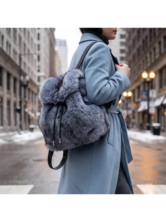 Fluffy Drawstring Backpack Blue Plush for Casual Everyday Wear