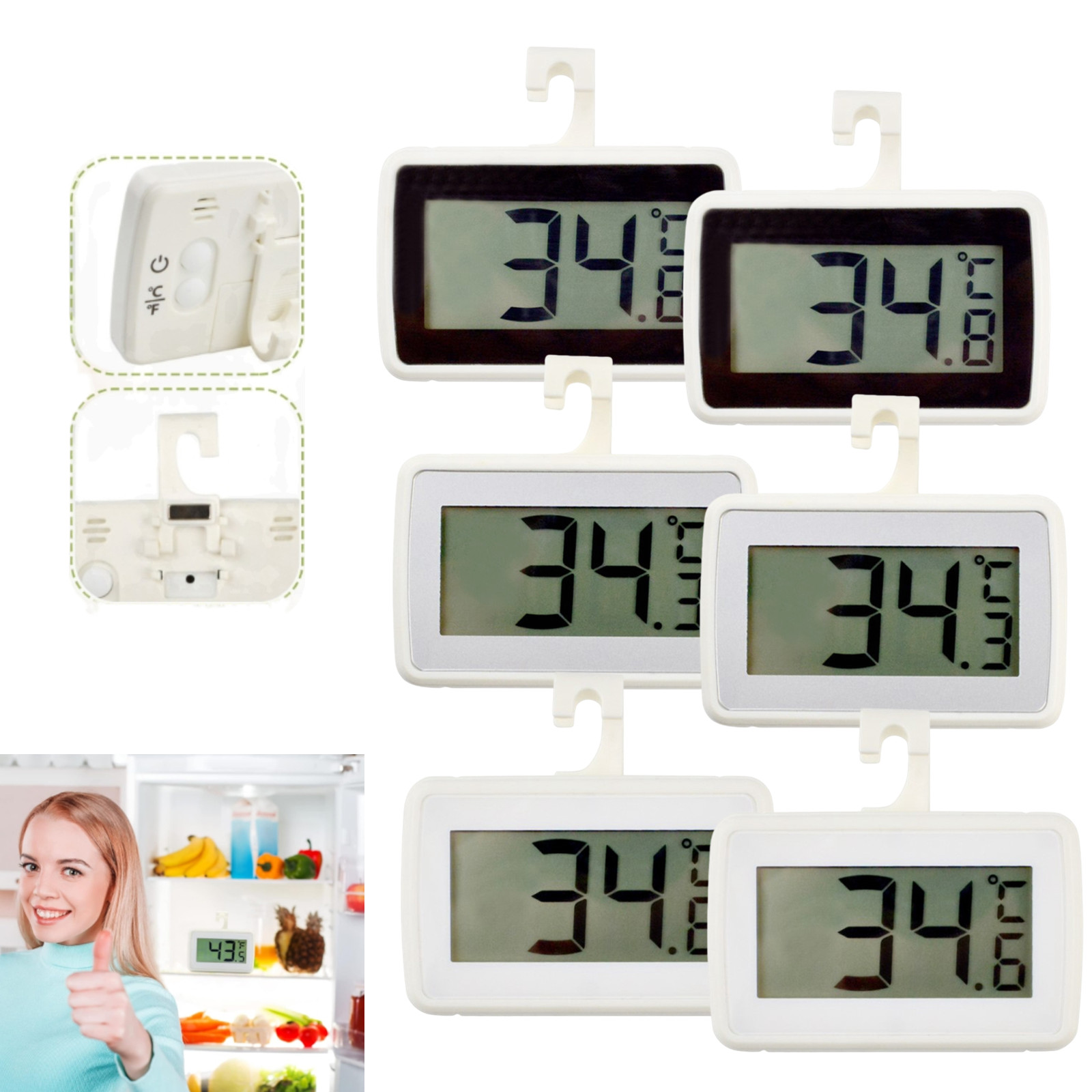 Healifty High Precision Refrigerator Thermometer Accurate Digital Display for Easy Temperature Reading Hook Design for Effortless Installation for Food Storage Monitoring -Black+Gray+White/6PC