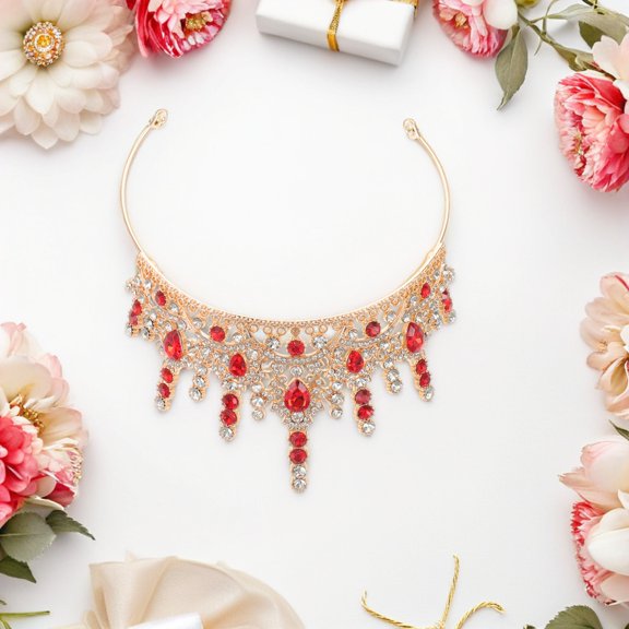 Healifty Red Rhinestone Princess Crown Metal Bridal Headpiece for Wedding and Special Occasions