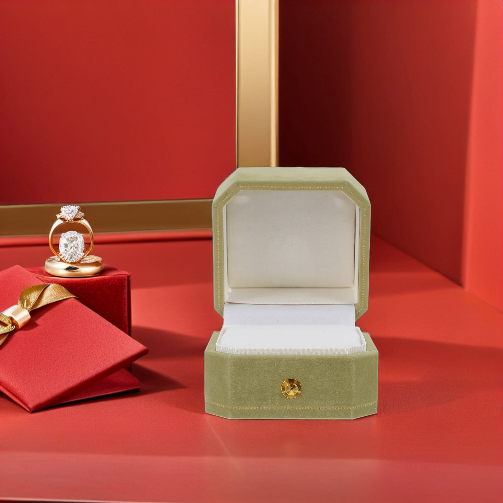 Healifty Small Velvet Ring Box Olive Green Octagonal Design Wedding ...