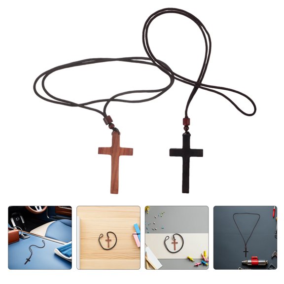 Healifty Wooden Crucifix Rustic 2pcs Car Hanging Ornament for Rearview Mirror