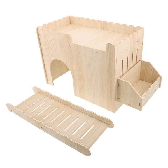 Healifty Wooden Hay Shelter for Small Pets with Rounded Entry and Hollow Grass Rack for Healthy Feeding