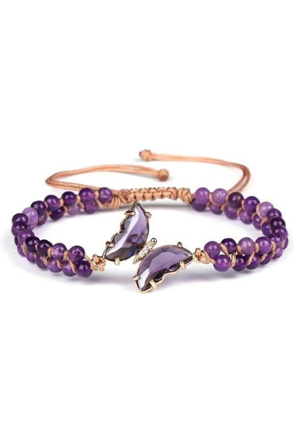 Healing Amethyst Crystal Butterfly Bracelets for Women, Bracelet with Lucky Butterfly Charms, Double Braided Crystal Chain Purple Beaded Healing Stretch Gifts for Her Bracelet Valentines Jewelry Gifts