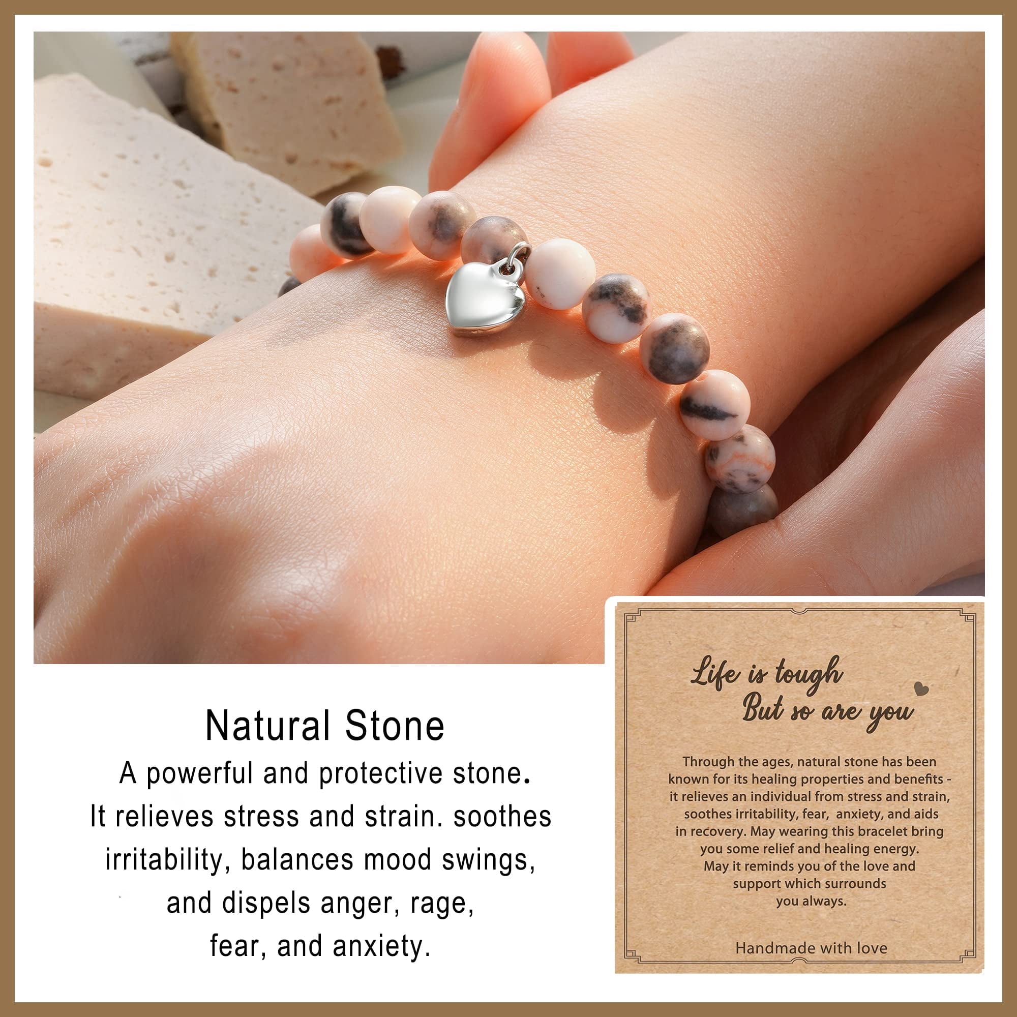 STRESS/ANXIETY RELIEF ~Positive Mantra Bracelet~ Wooden Bracelet w/  Semi-Precious Healing Stones
