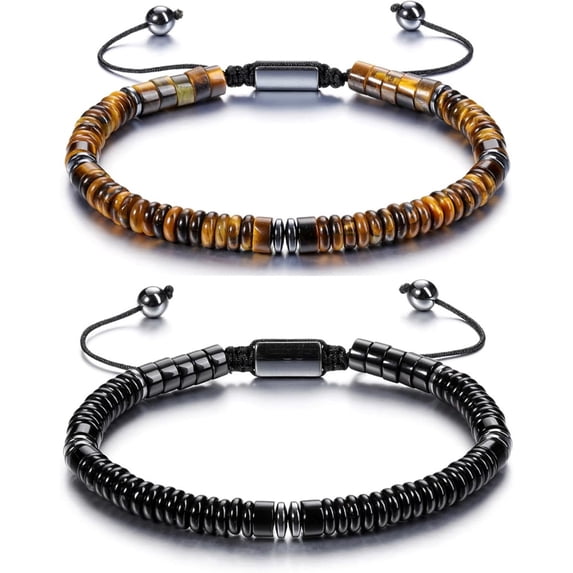 Healing Crystal Bracelet for Men Hematite Black Obsidian Tiger Eye Gemstone Beaded Bracelets Adjustable Protection Crystals Natural Stone Beads Bracelet for Men Women Anxiety Relief