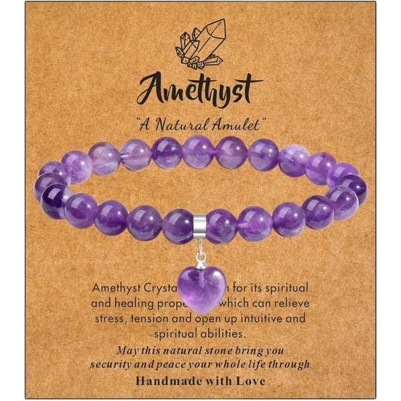 Healing Crystal Bracelet for Women, 8 mm Natural Gemstone Beaded Bracelet, Love Heart Bracelet Jewelry, Crystal Gifts for Mom Mothers Day Birthday Valentine's Day Anniversary
