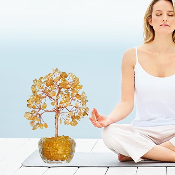 Healing Crystal Money Tree Feng Shui Decor, Natural Rose Quartz Desktop Ornament for Wealth Good Fortune Chakra Healing, Relaxing Positive Energy for Home Office Living Room