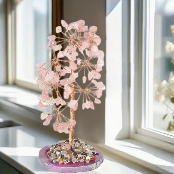 Healing Crystal Money Tree for Wealth, Chakra Balancing & Feng Shui | Natural Rose Quartz Gemstones with Copper & Agate Base | Purple Orange Blue | 12.5cm Elegant Prosperity Decor