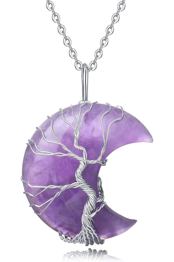 Healing Crystal Necklace Tree of Life Wire Wrapped Amethyst Crescent Moon Natural Stone Pendant Necklaces Hippie Boho Witch Wiccan Spiritual Reiki Gemstone Quartz Jewelry for Women