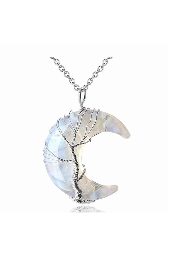 Healing Crystal Necklace, Tree Life Wire Wrapped Crescent Moon Necklace, Natural Stone Pendant Necklaces, Mothers Day Gifts for Mom, Gemstone Jewelry Gifts for Women