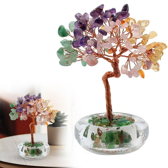 Healing Crystals 7 Chakra Stone Tree with Glass Base Handmade Natural Gemstone Life Tree Mini Bonsai Money Trees Natural Crystal Gemstone Money Tree Good Luck Home Office Desk Decor