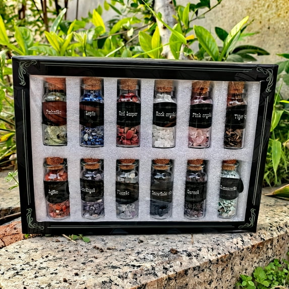 Healing Crystals in Jars Natural Crystals for Witchcraft Real Witch Crystals in a Bottle Altar Witchcraft Stones Crystal Witchcraft Supplies Mini Gemstones Wiccan Supply Tool Chakra Crystal Gift Box