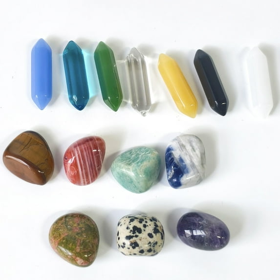Healing Crystals Stones Set, 14 Pcs Chakra Set Tumbled Stones, Natural Hexagonal Bullet Shaped Reiki Gemstone for Points Energy Balancing Meditation Therapy, Wicca & Crystal Healing or Ritual Stones