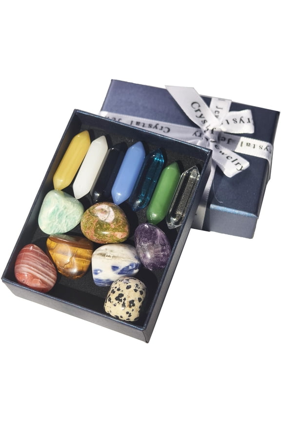 Healing Crystals Stones Set, 14 Pcs Chakra Set Tumbled Stones, Natural Hexagonal Bullet Shaped Reiki Gemstone for Points Energy Balancing Meditation Therapy, Wicca & Crystal Healing or Ritual Stones