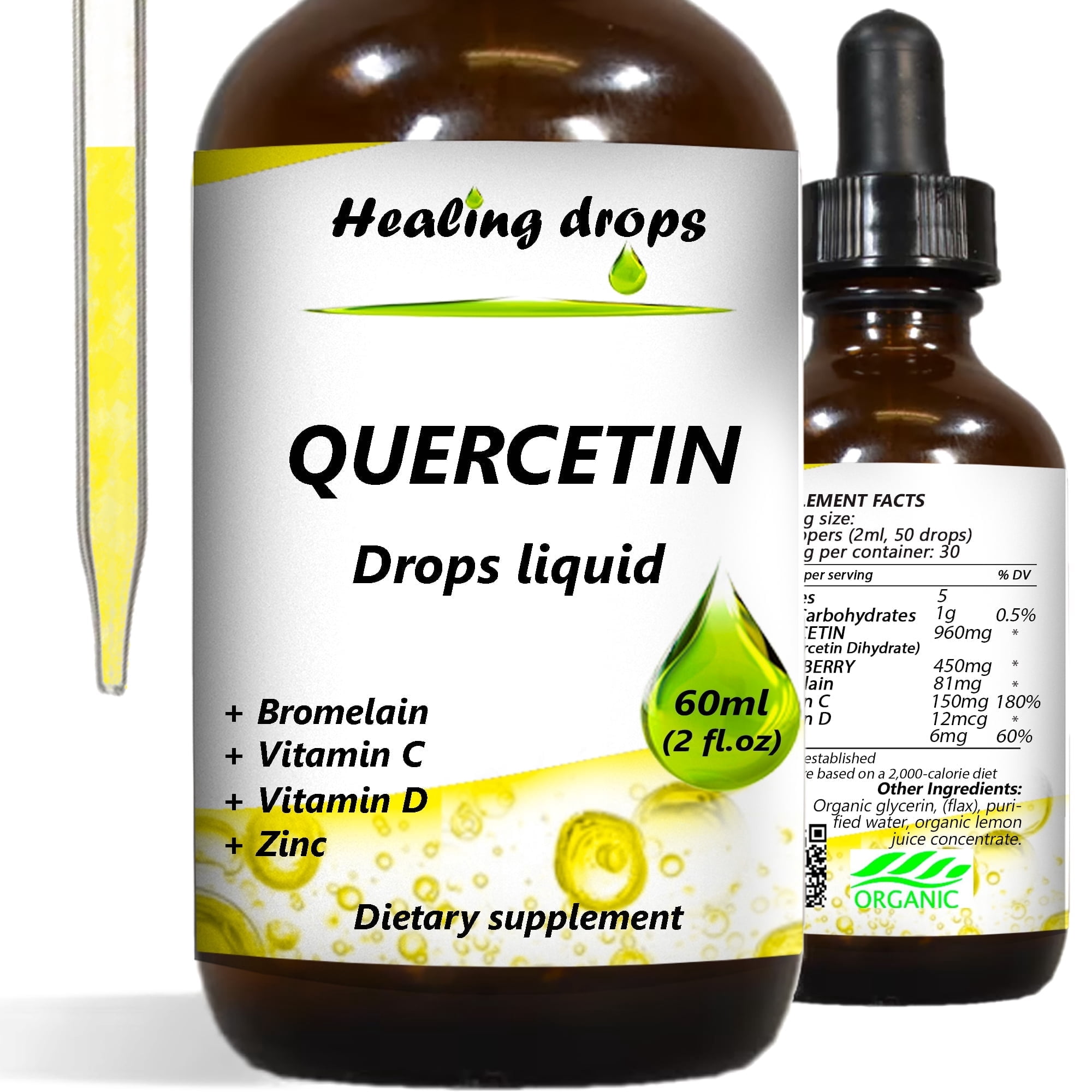 Healing Drops Liquid Quercetin - Natural Immune Support & Respiratory Benefits - Vegan & Gluten-Free Quercetin Supplement for Enhanced Absorption - 2oz (60ml)