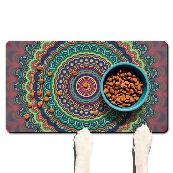 Healing Energy Dog Food Mat - Ornamental Mandala Pattern, Multi-Layer Sponge Core, Quick-Dry Washable Surface