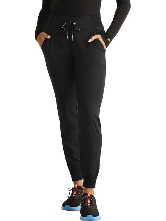 Scrubs For Women Jogger Scrub Pant Trinity Bottom with 6 Pockets, Mid-rise Pull-on Rib-knit Waistband HH003P, XL Petite, Black