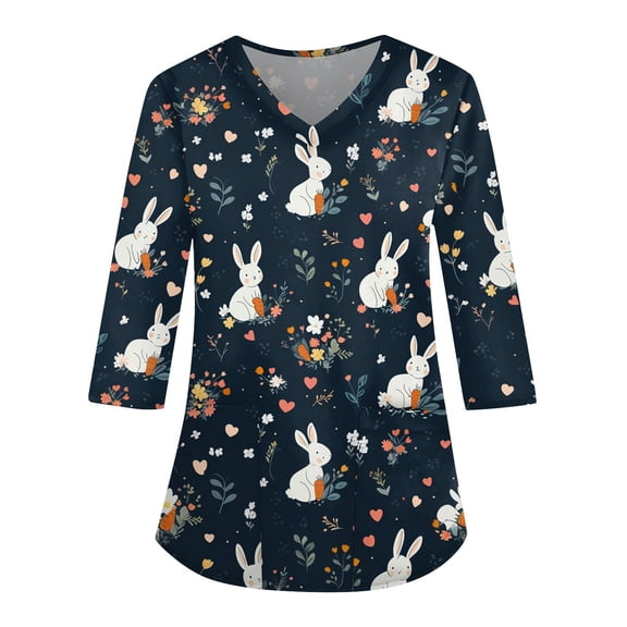 Healing Hands Scrub Top，Easter Scrub Tops Women Bunny Egg Hunt Print Medical Scrub Tops Holiday Working Uniform Happy New Year 2026，Navy，XL