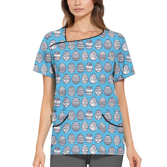 Healing Hands Scrub Top,Scrubs for Women Trendy Easter Printing Plus Size Scrubs Tops Casual V Neck Short Sleeve Uniform with Pocket,Sky Blue,XXL