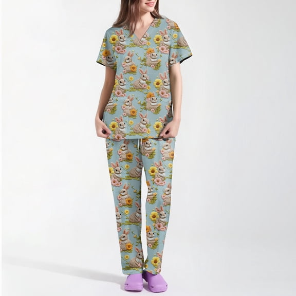 Healing Hands Scrub Top,Women's Short-Sleeve Easter Print Nursing Scrubs Set with Pockets,Light Blue,S