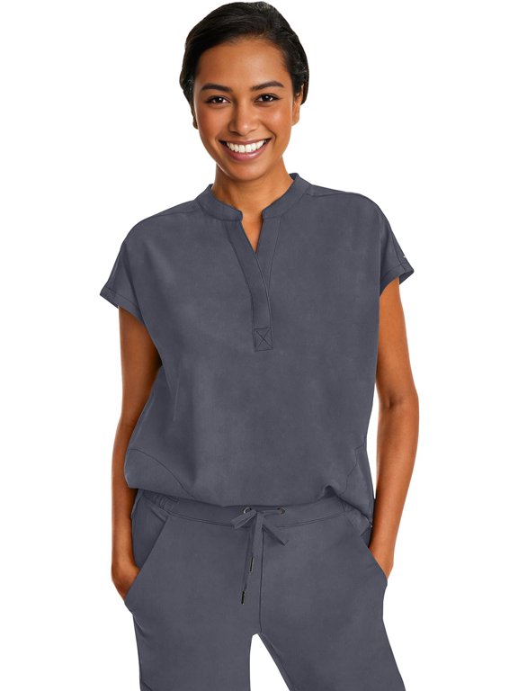 Women's Scrub Top Relaxed Fit Journey Top - 2 Pockets with Knit Details, Dolman Sleeve and Rounded Hem - 2152, M, Pewter