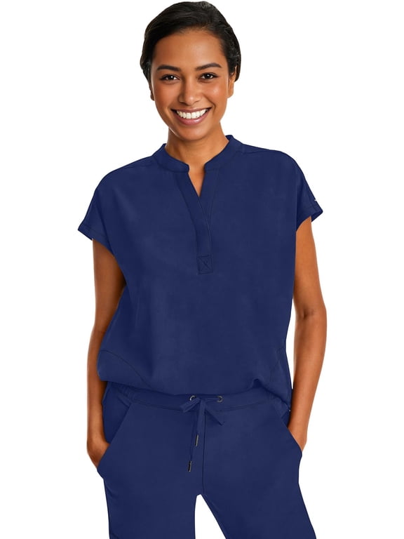 Women's Scrub Top Relaxed Fit Journey Top - 2 Pockets with Knit Details, Dolman Sleeve and Rounded Hem - 2152, XL, Navy
