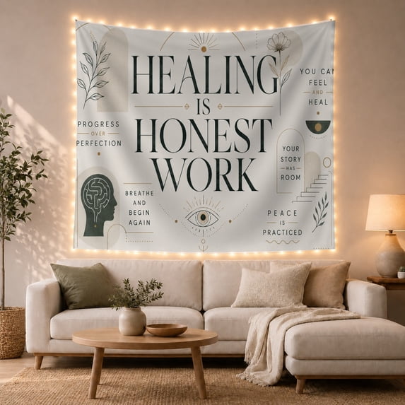 Healing Is Honest Work Typography Scene with Plants, Calming Minimalist Style for Affirmation Art Lovers, Wall Decor, Housewarming Gift, Tapestry Wall Hanging for Bedroom and Dorm