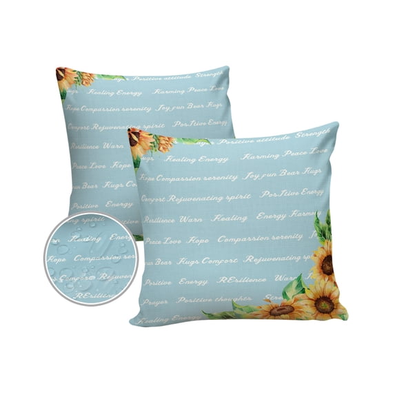 Healing Inspiration Quotes with Yellow Sunflowers Outdoor Pillow Covers Set of 2, Decorative Waterproof Throw Pillow Case, Blue Cotton Linen Soft Cozy Cushion Pillowcases