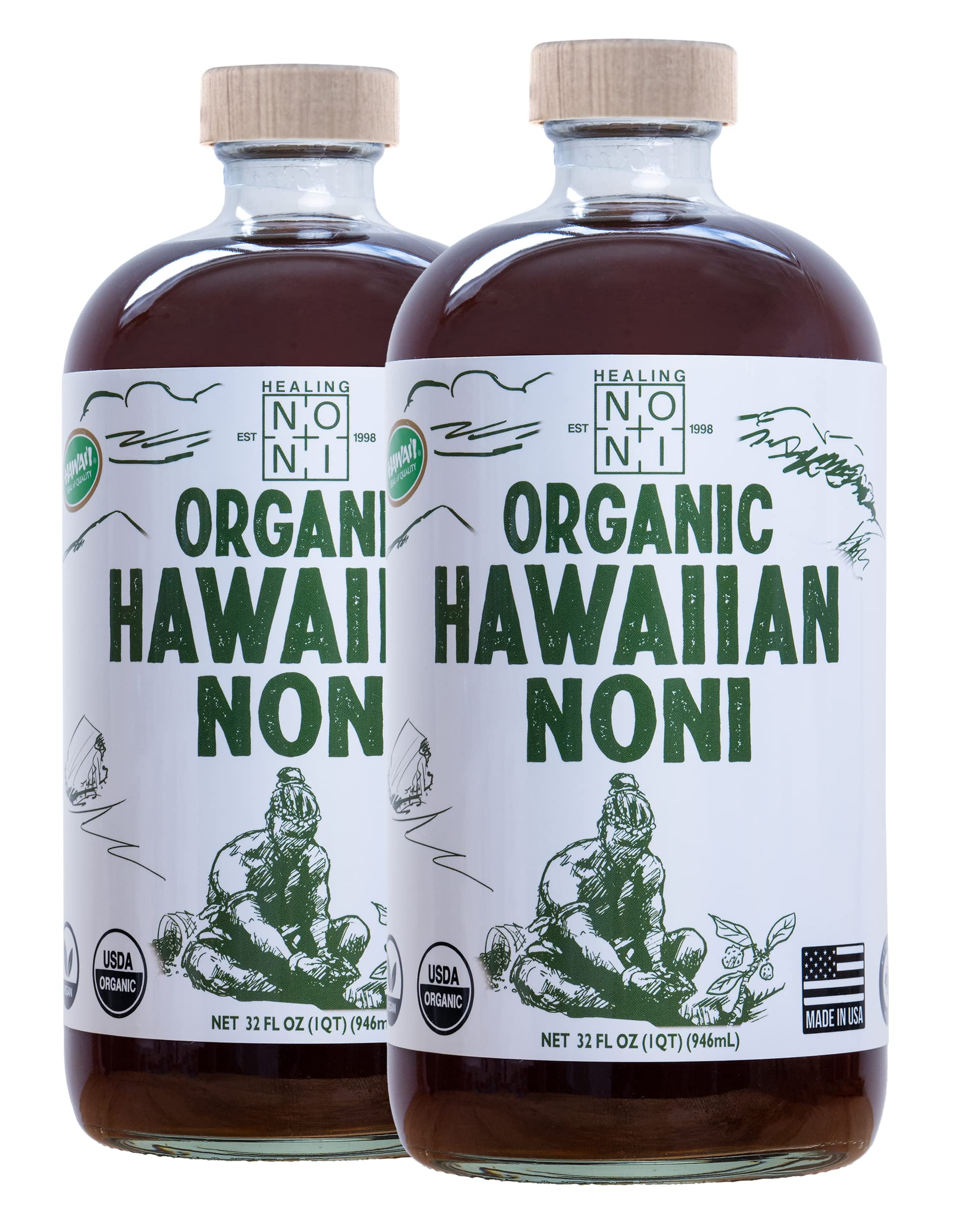 Healing Noni Organic Hawaiian Noni Juice 2 Pack of 32oz Glass Bottles