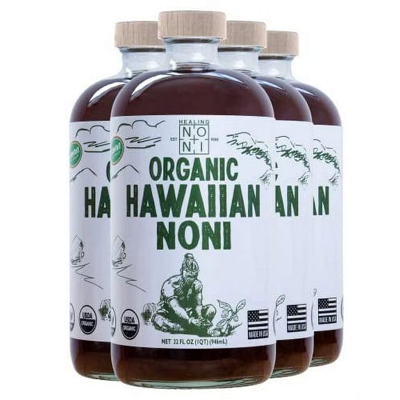 Healing Noni - Organic Hawaiian Noni Juice - 4 Pack of 32oz Glass Bottles