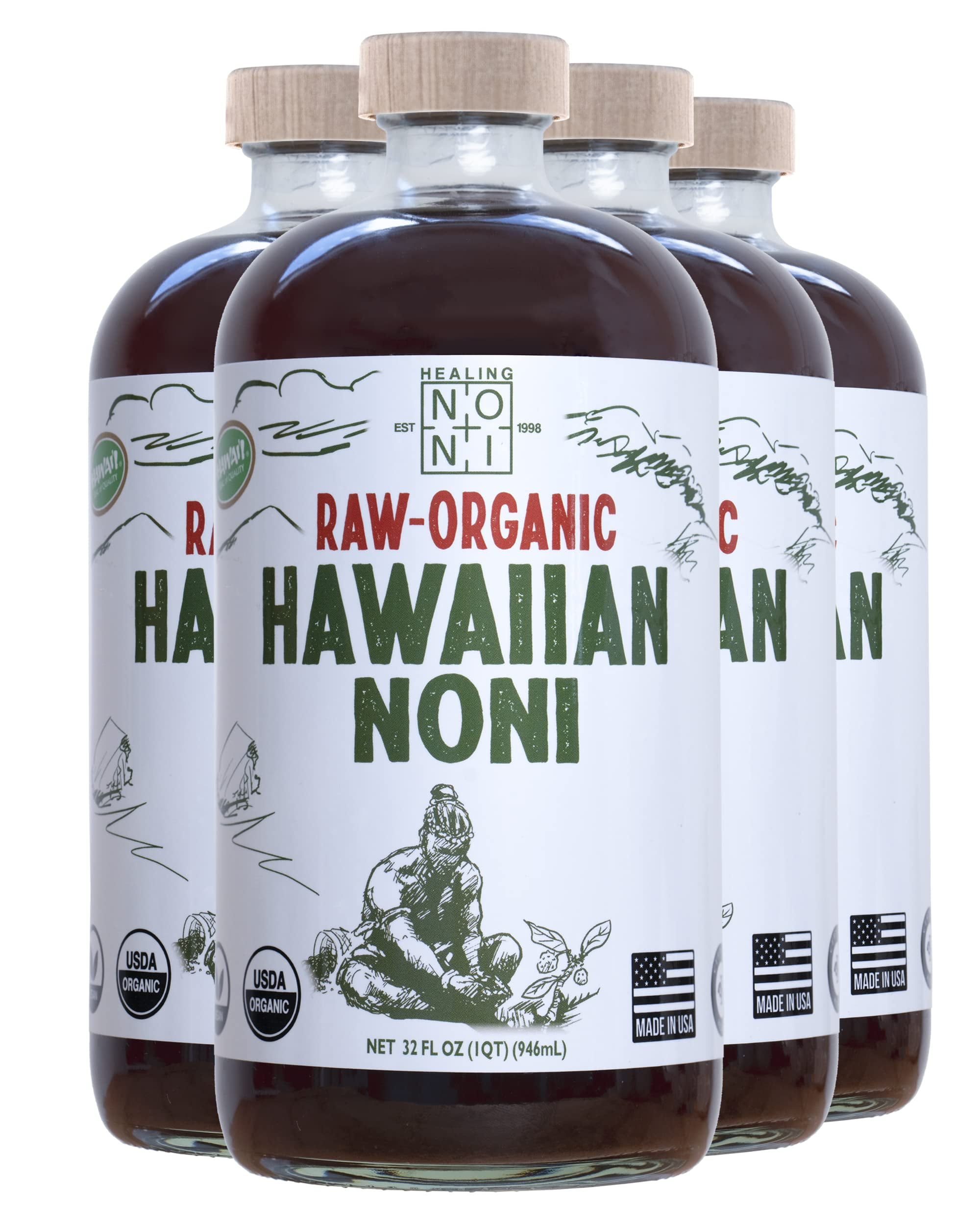 Healing Noni Raw Organic Hawaiian Noni Juice 4 Pack of 32oz Glass Bottles