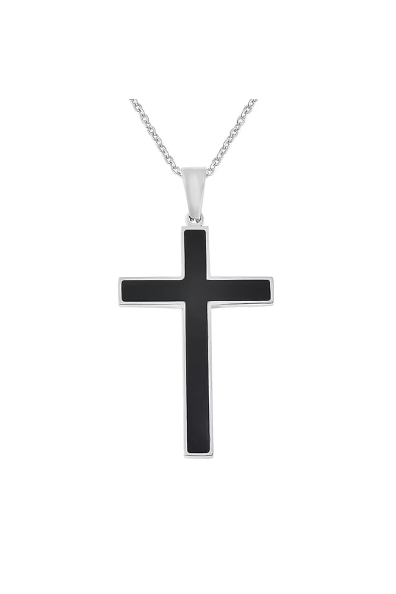 Healing Pain Relief Black Shungite Inlay Cross Pendant Necklace size 24" Stainless Steel Catholic Faith Christian Religious Birthday Jewelry Birthday Christmas Gifts for Women