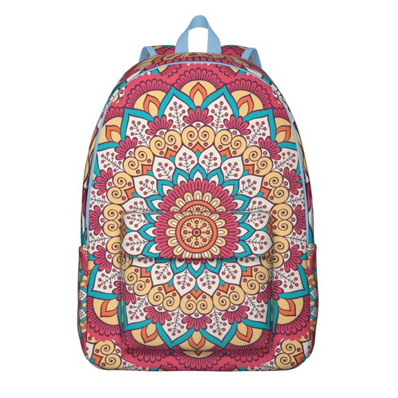 Healing Room Mandala Print School Backpack, Vintage Bohemian Canvas Bookbag with Geometric Artistic Design, Anxiety Relief Meditation Bag