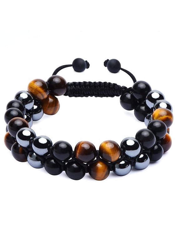 8mm Natural Tiger Eye Obsidian Hematite Bracelet, Triple Protection Healing Good Luck Jewelry for Men Women