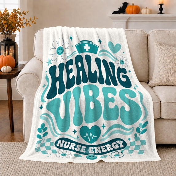 Healing Vibes Nurse Energy Retro Design, Cozy Typography Art Scene, Warm Flannel Blanket for Living Room and Reading Nook, Art Lovers Graduation Gift, Artistic Home Decor