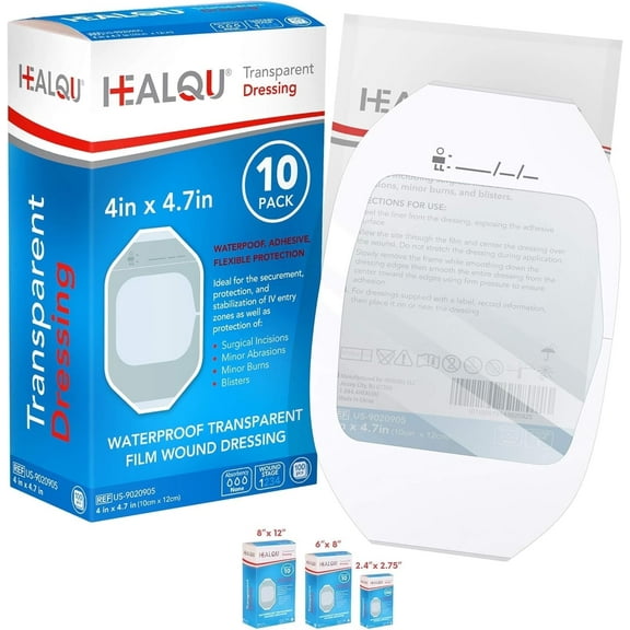 Waterproof Clear Film Dressings 4" x 4.75"  10 Pack Breathable Adhesive Wound Covers for Post-Surgical, IV & Tattoo Aftercare by HEALQU