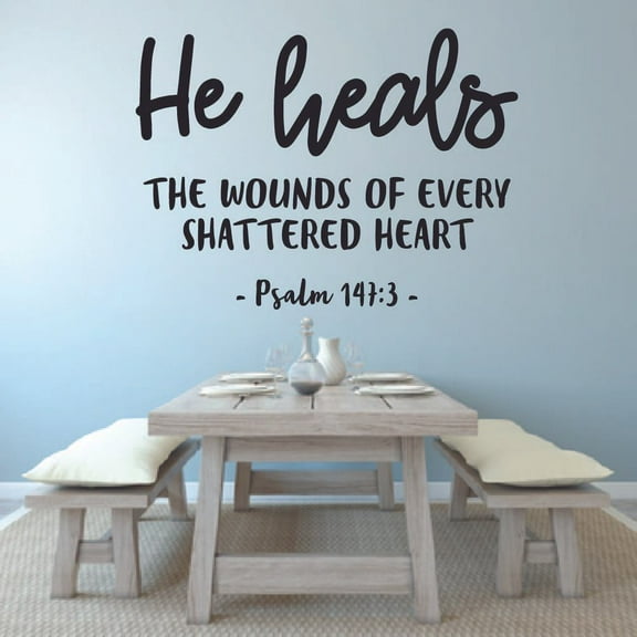 He Heals The Wounds Psalm 147:3 Bible Verse Religious Religion Christ Saying Motivational Quote Wall Decal Wall Art Design Stickers for Home Room House Decor Vinyl Wall Sticker Decoration (35x40 inch)
