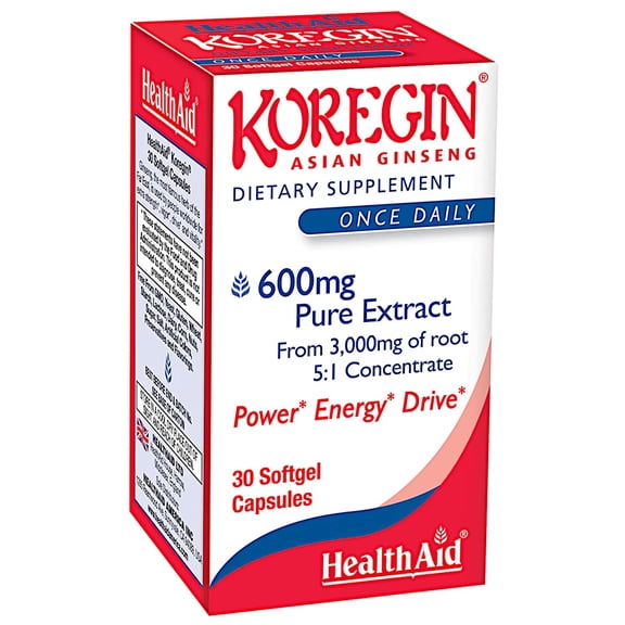 Health Aid America, Koregin 600 mg, Asian Ginseng, 5:1 Concentrate, Power, Energy, Drive,  30 Softgel Capsules*