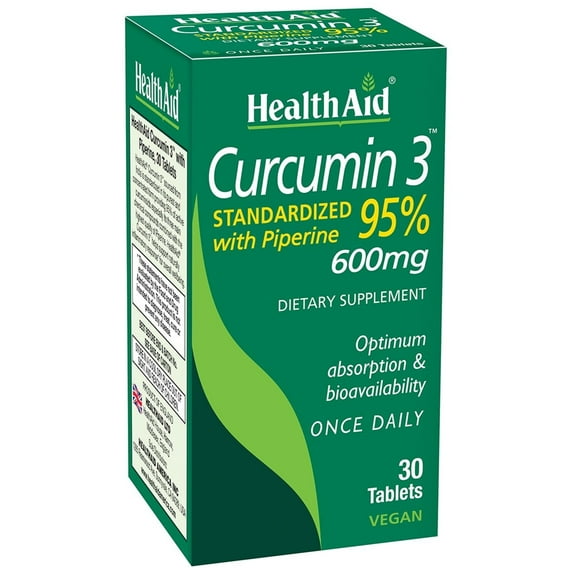 Health Aid Curcumin 3 600 mg, Standardized with Piperine 95% , 30 Vegan Tablets